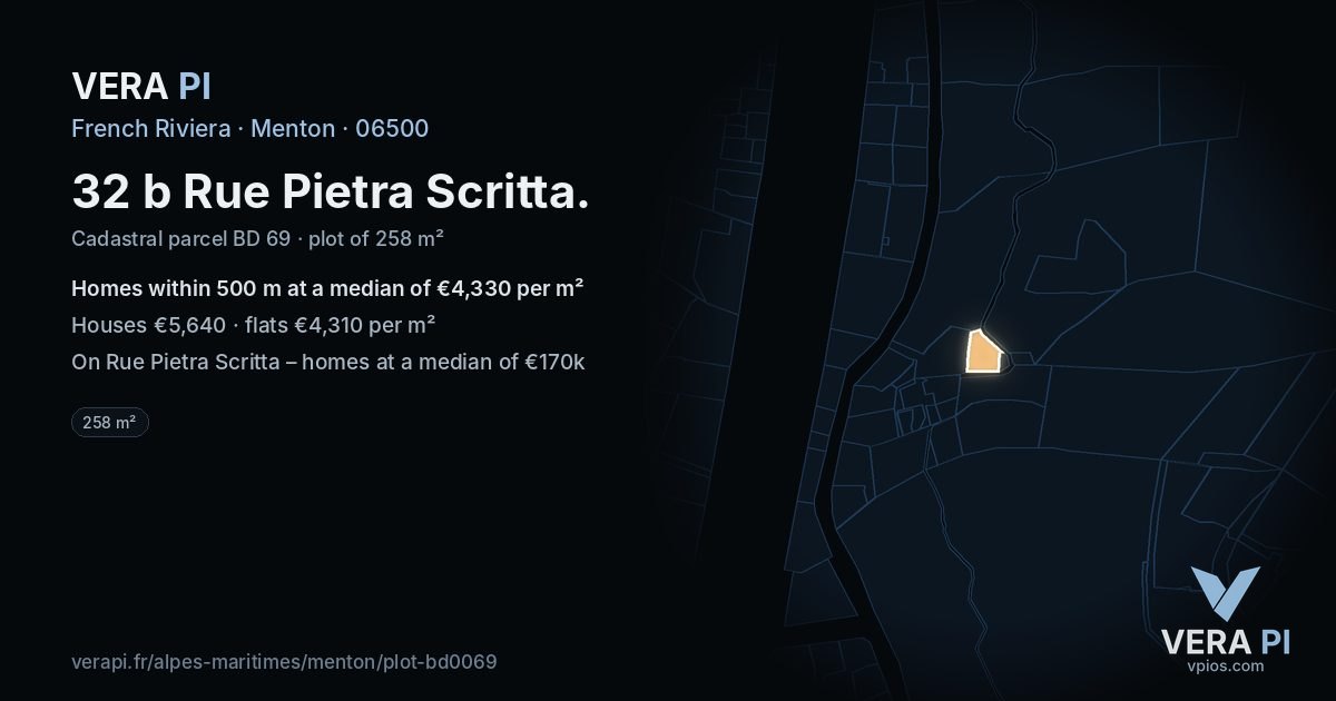 32 b Rue Pietra Scritta, Menton at night – the plot lit, the parcels around coloured by the prices near them