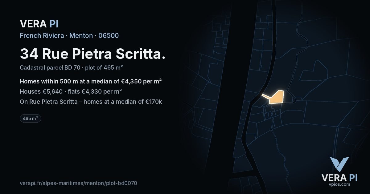 34 Rue Pietra Scritta, Menton at night – the plot lit, the parcels around coloured by the prices near them
