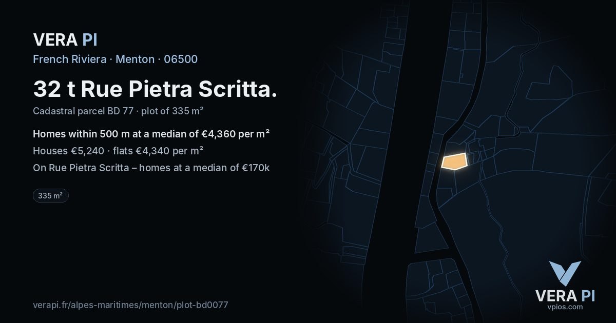 32 t Rue Pietra Scritta, Menton at night – the plot lit, the parcels around coloured by the prices near them