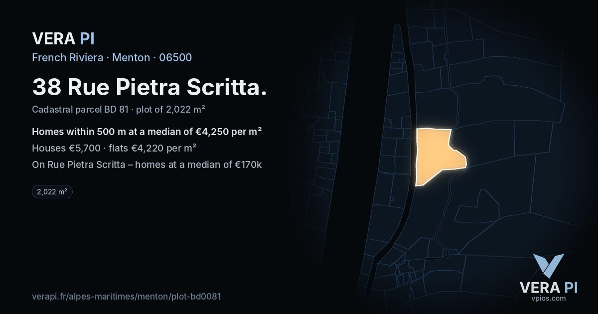 38 Rue Pietra Scritta, Menton at night – the plot lit, the parcels around coloured by the prices near them