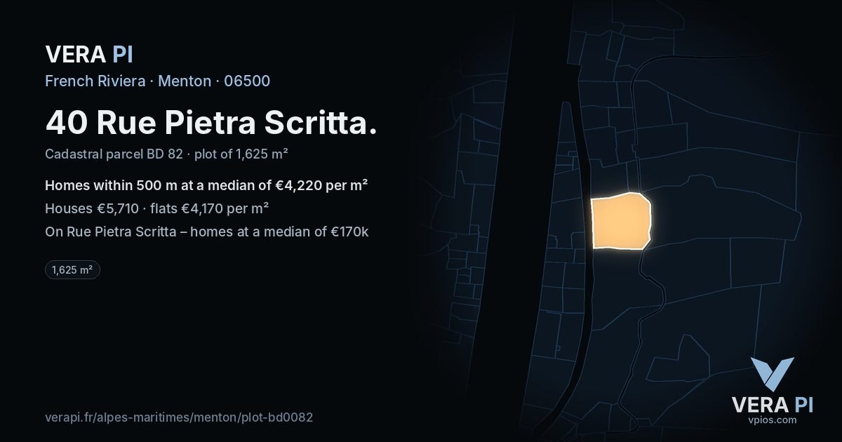 40 Rue Pietra Scritta, Menton at night – the plot lit, the parcels around coloured by the prices near them