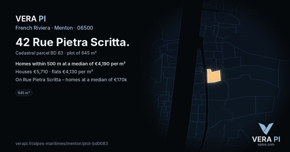 42 Rue Pietra Scritta, Menton at night – the plot lit, the parcels around coloured by the prices near them