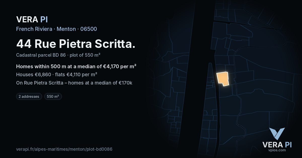 44 Rue Pietra Scritta, Menton at night – the plot lit, the parcels around coloured by the prices near them