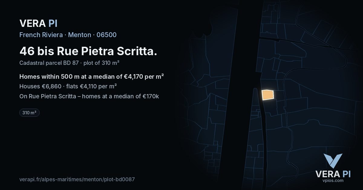 46 bis Rue Pietra Scritta, Menton at night – the plot lit, the parcels around coloured by the prices near them