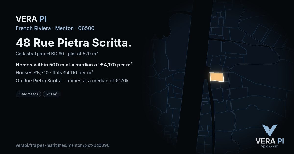 48 Rue Pietra Scritta, Menton at night – the plot lit, the parcels around coloured by the prices near them