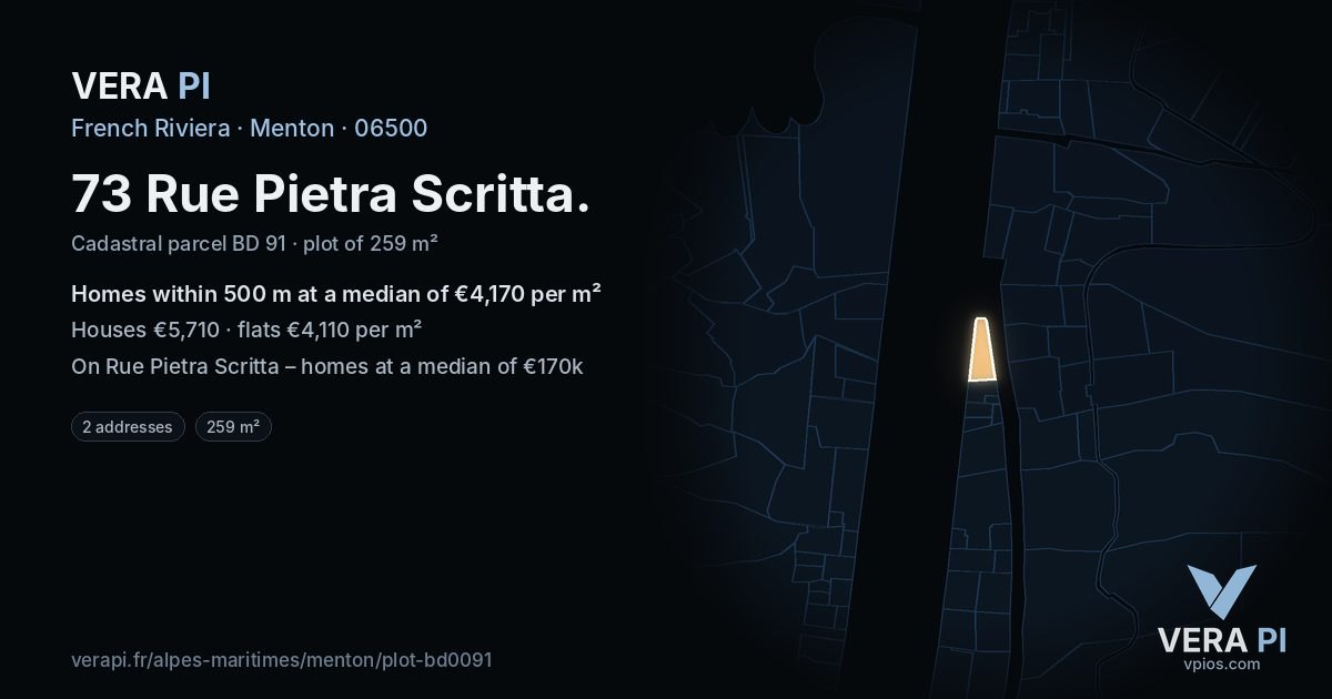 73 Rue Pietra Scritta, Menton at night – the plot lit, the parcels around coloured by the prices near them