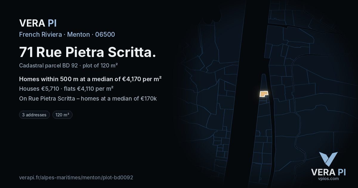 71 Rue Pietra Scritta, Menton at night – the plot lit, the parcels around coloured by the prices near them
