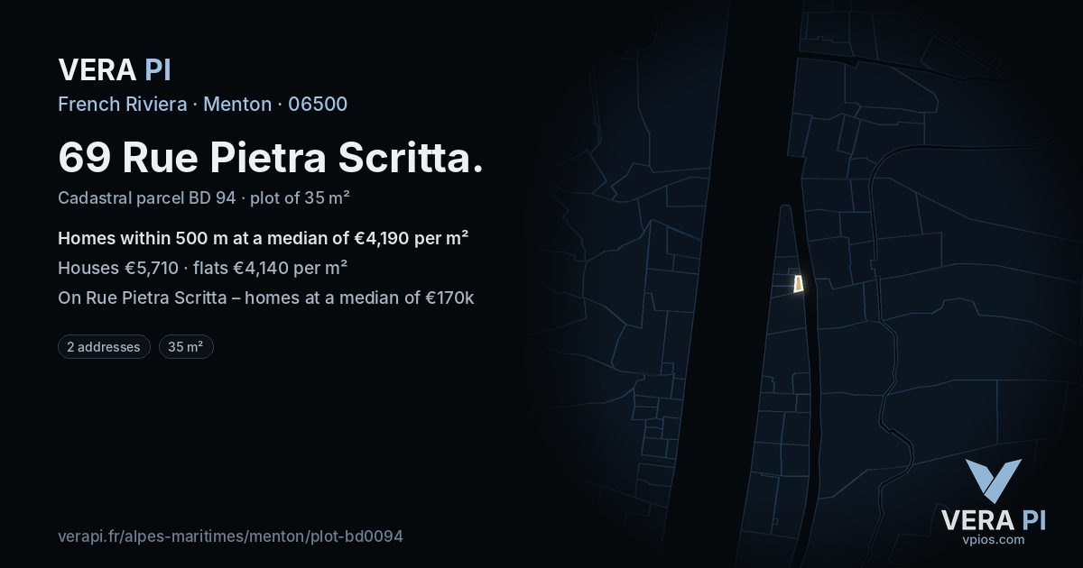 69 Rue Pietra Scritta, Menton at night – the plot lit, the parcels around coloured by the prices near them