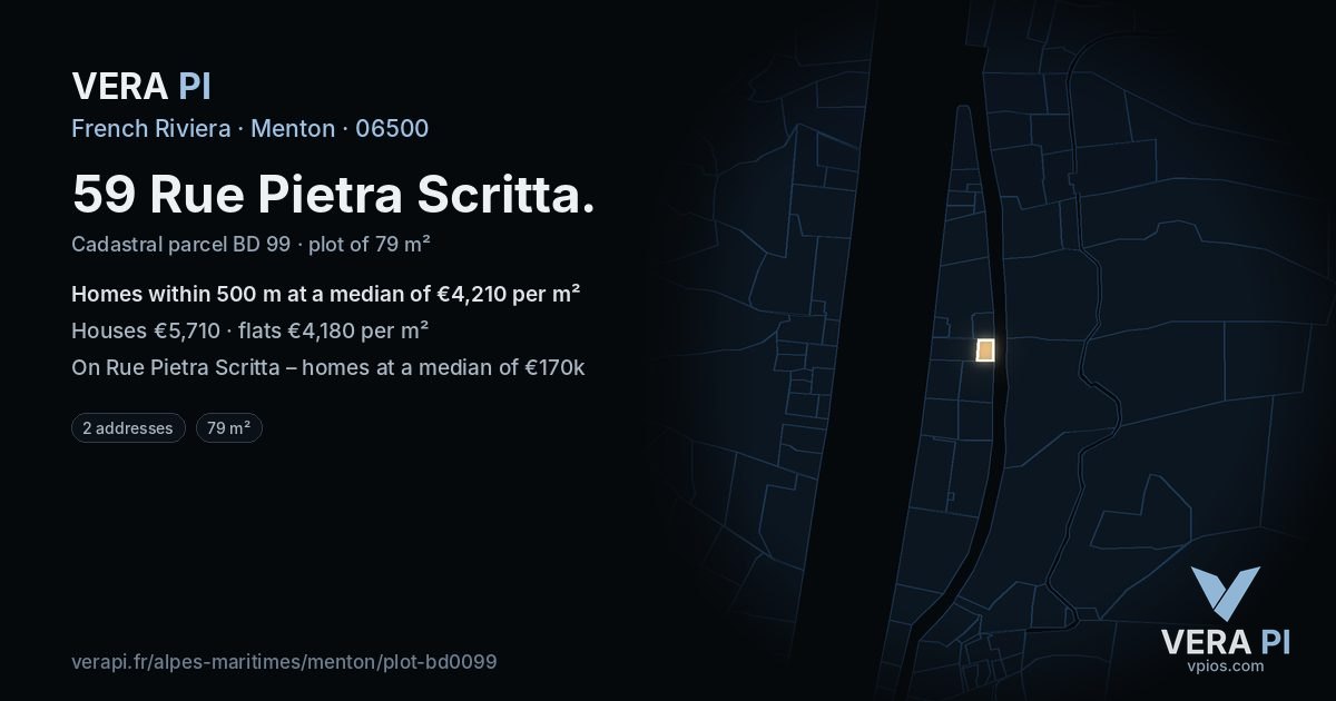 59 Rue Pietra Scritta, Menton at night – the plot lit, the parcels around coloured by the prices near them
