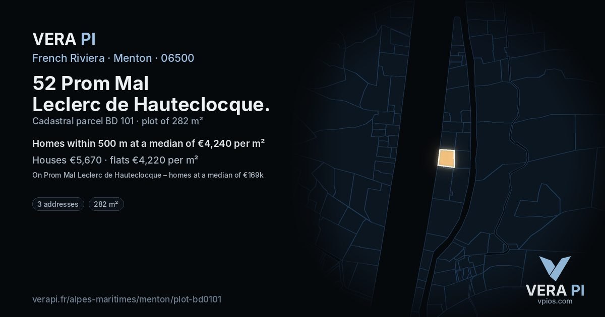 52 Prom Mal Leclerc de Hauteclocque, Menton at night – the plot lit, the parcels around coloured by the prices near them