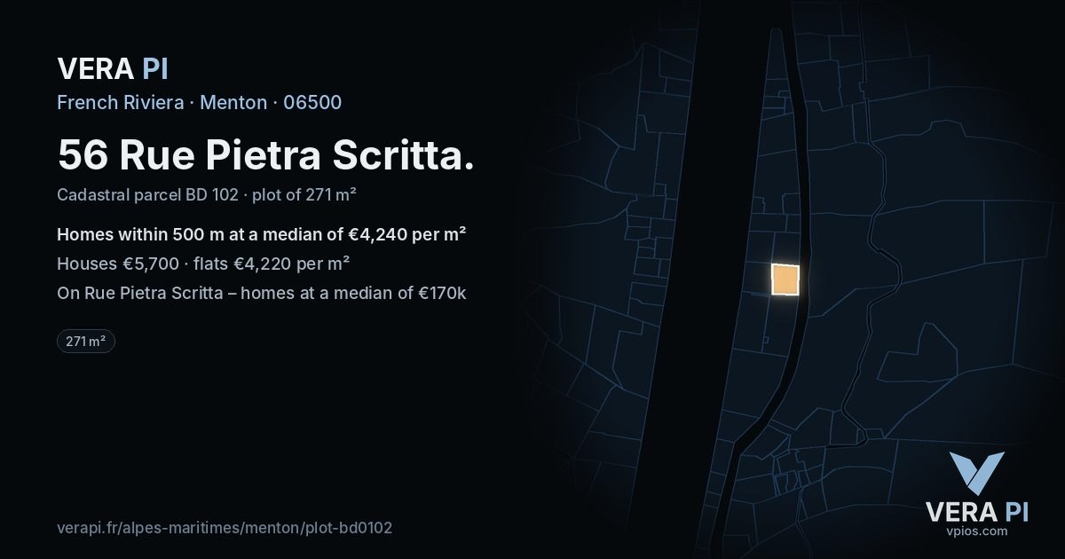 56 Rue Pietra Scritta, Menton at night – the plot lit, the parcels around coloured by the prices near them