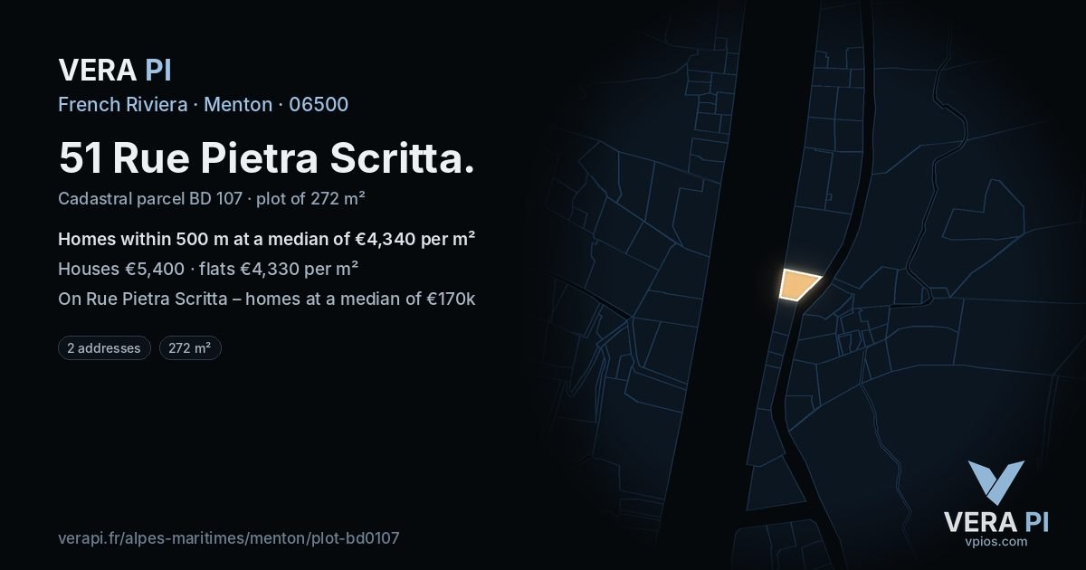 51 Rue Pietra Scritta, Menton at night – the plot lit, the parcels around coloured by the prices near them
