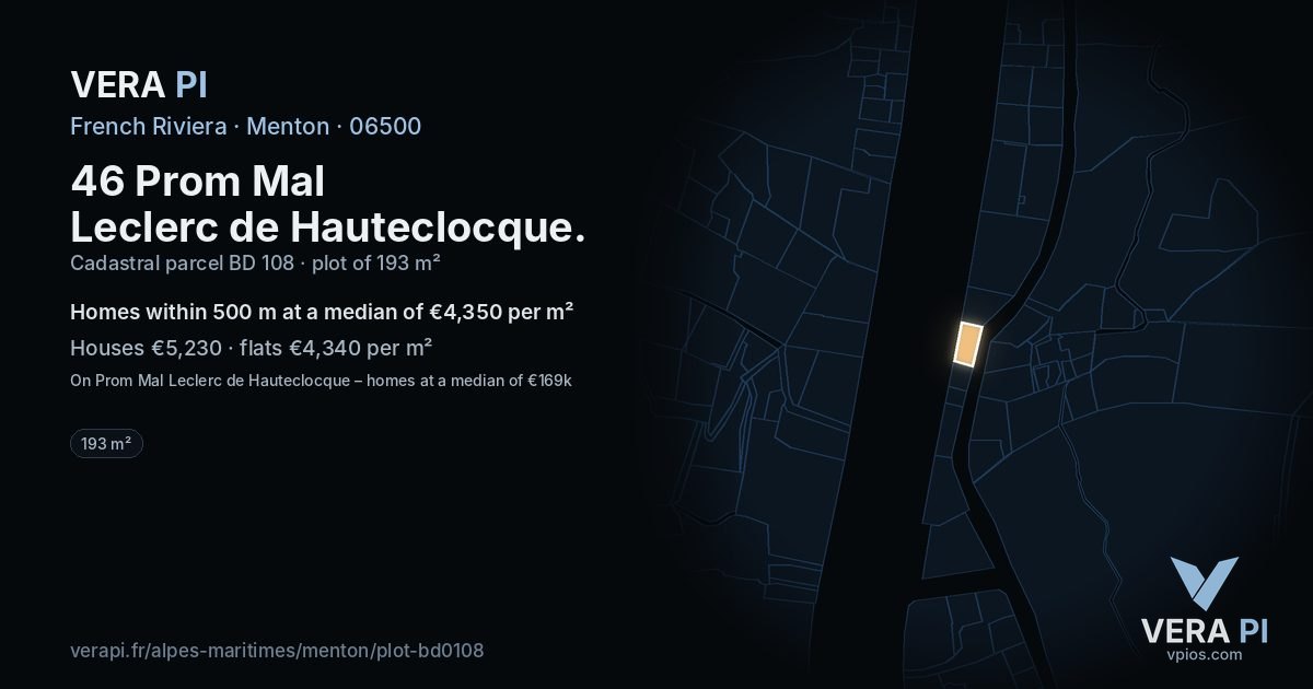 46 Prom Mal Leclerc de Hauteclocque, Menton at night – the plot lit, the parcels around coloured by the prices near them