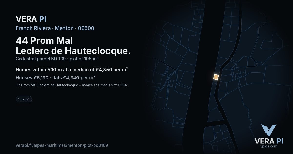 44 Prom Mal Leclerc de Hauteclocque, Menton at night – the plot lit, the parcels around coloured by the prices near them