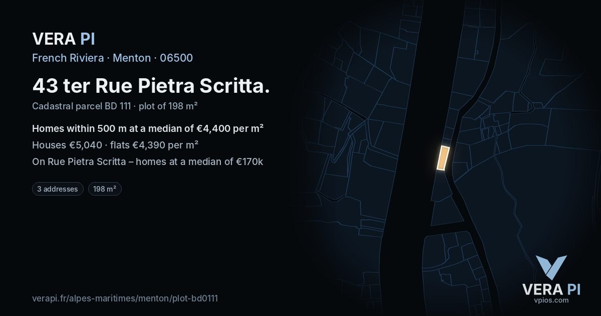 43 ter Rue Pietra Scritta, Menton at night – the plot lit, the parcels around coloured by the prices near them