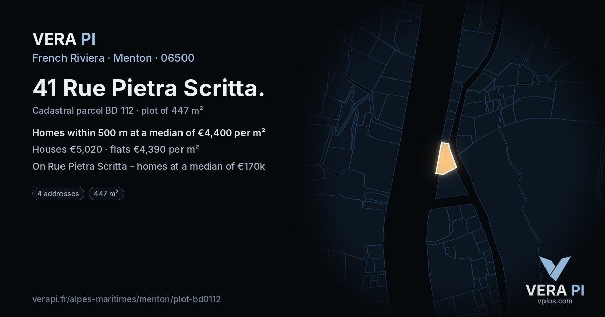 41 Rue Pietra Scritta, Menton at night – the plot lit, the parcels around coloured by the prices near them