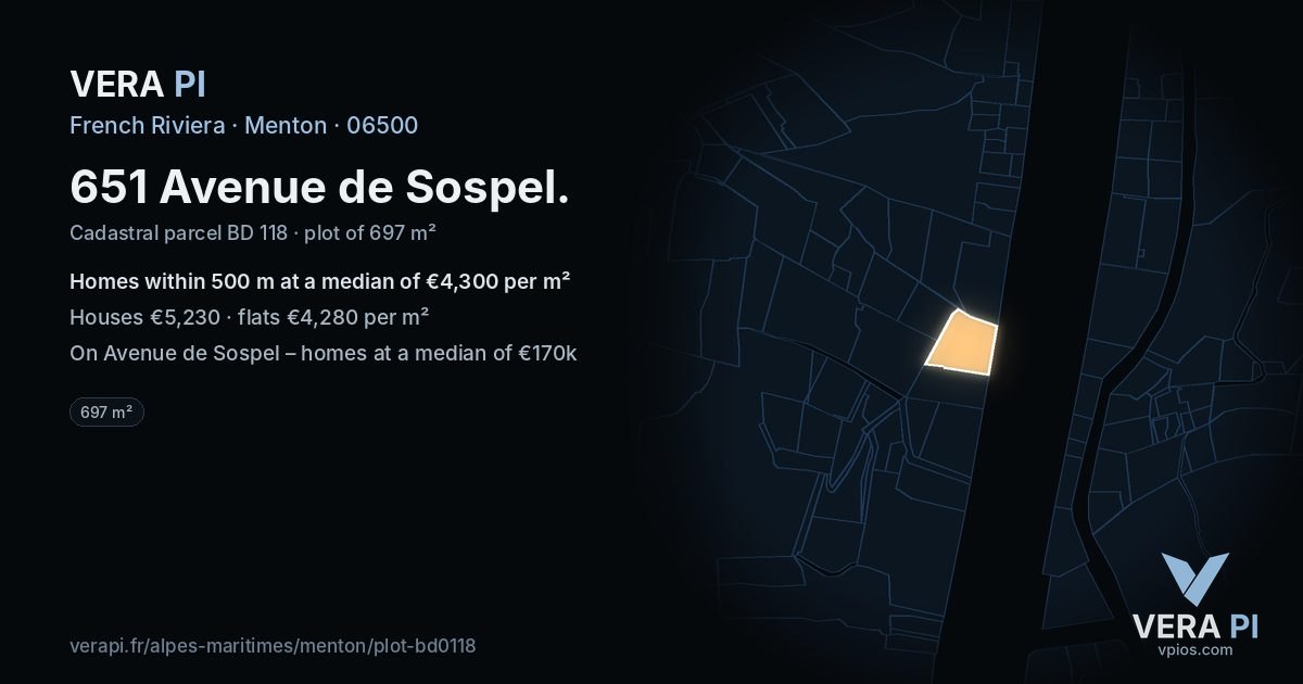 651 Avenue de Sospel, Menton at night – the plot lit, the parcels around coloured by the prices near them