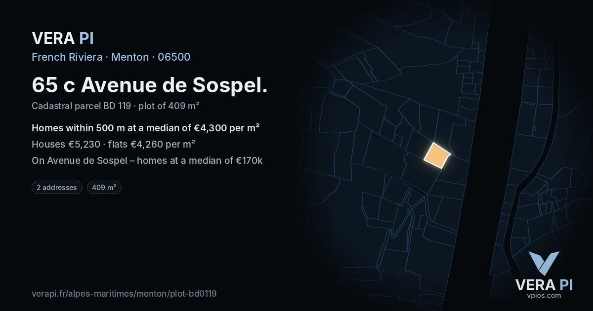65 c Avenue de Sospel, Menton at night – the plot lit, the parcels around coloured by the prices near them