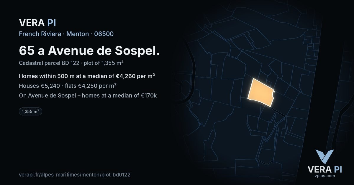 65 a Avenue de Sospel, Menton at night – the plot lit, the parcels around coloured by the prices near them