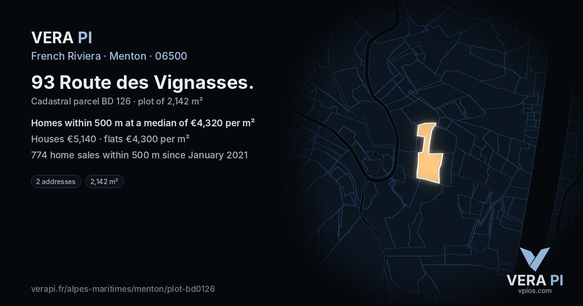 93 Route des Vignasses, Menton at night – the plot lit, the parcels around coloured by the prices near them