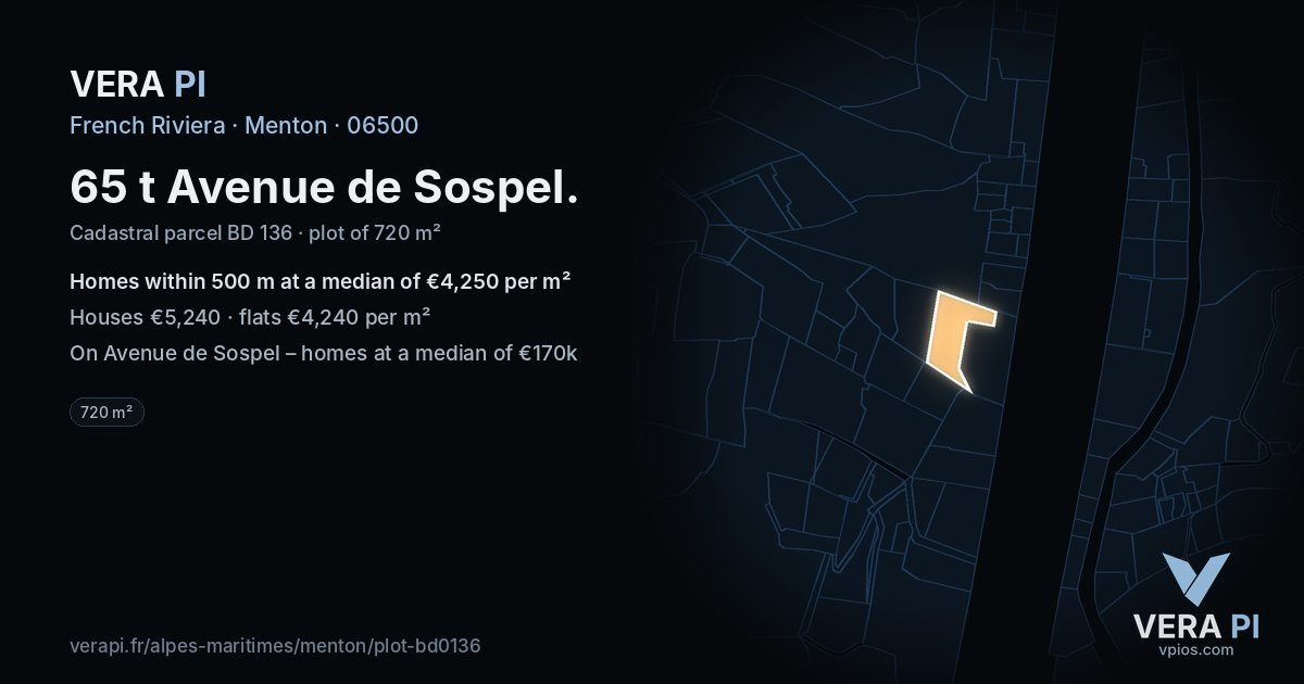 65 t Avenue de Sospel, Menton at night – the plot lit, the parcels around coloured by the prices near them