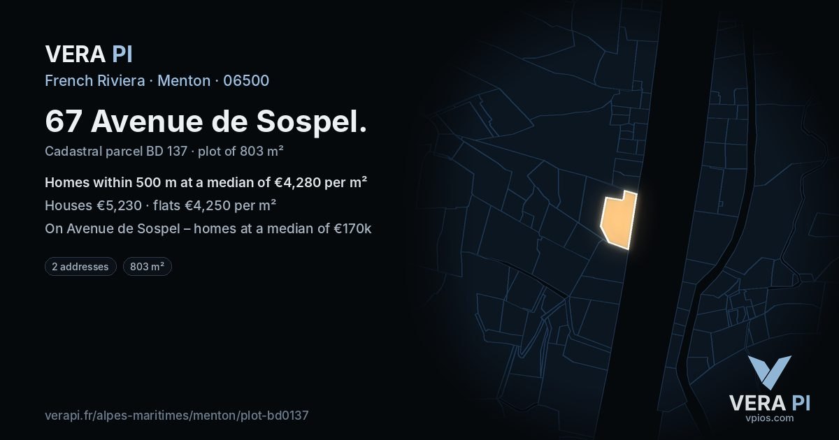 67 Avenue de Sospel, Menton at night – the plot lit, the parcels around coloured by the prices near them