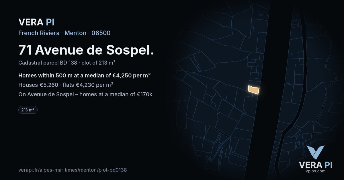 71 Avenue de Sospel, Menton at night – the plot lit, the parcels around coloured by the prices near them