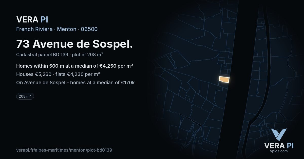 73 Avenue de Sospel, Menton at night – the plot lit, the parcels around coloured by the prices near them