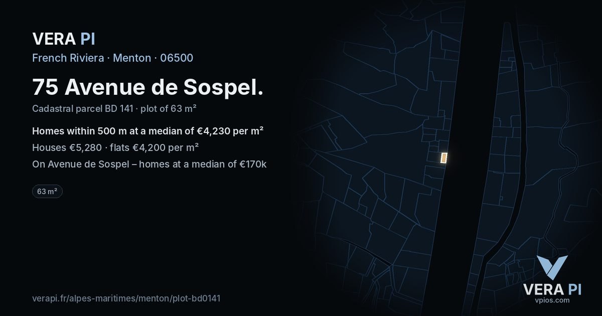 75 Avenue de Sospel, Menton at night – the plot lit, the parcels around coloured by the prices near them