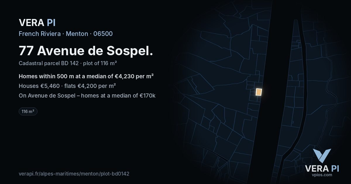 77 Avenue de Sospel, Menton at night – the plot lit, the parcels around coloured by the prices near them