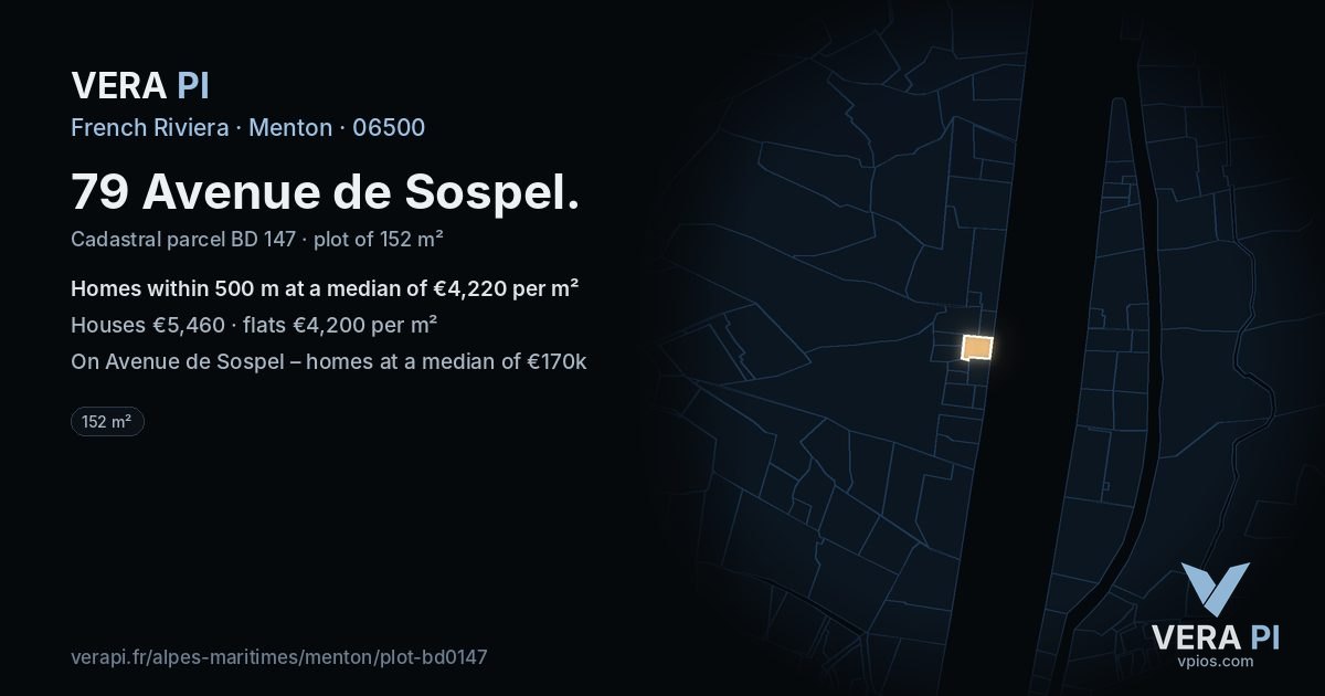 79 Avenue de Sospel, Menton at night – the plot lit, the parcels around coloured by the prices near them