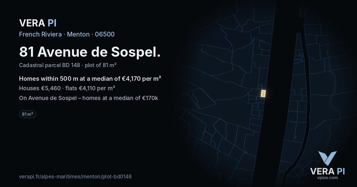 81 Avenue de Sospel, Menton at night – the plot lit, the parcels around coloured by the prices near them