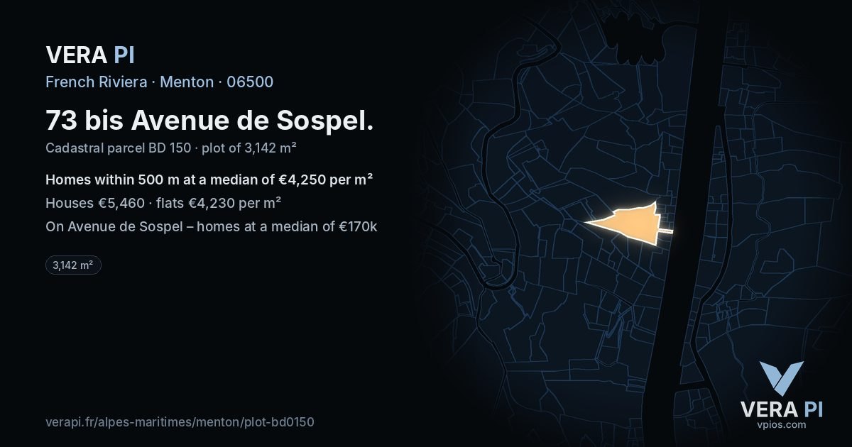 73 bis Avenue de Sospel, Menton at night – the plot lit, the parcels around coloured by the prices near them