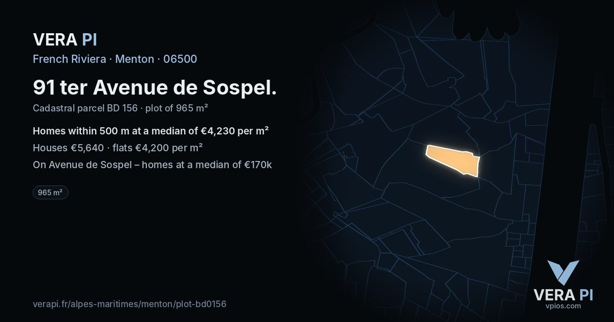 91 ter Avenue de Sospel, Menton at night – the plot lit, the parcels around coloured by the prices near them