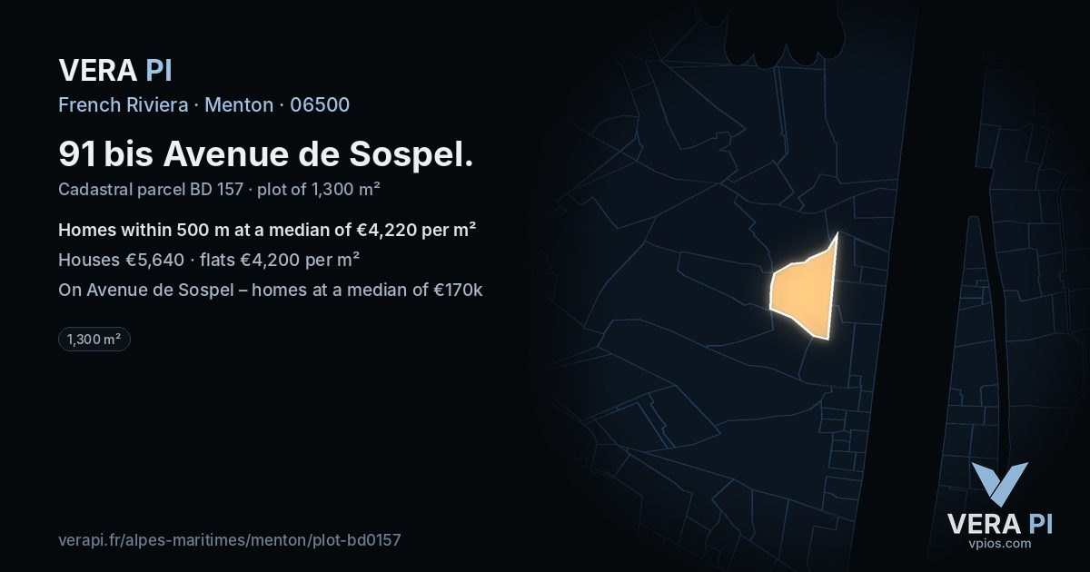 91 bis Avenue de Sospel, Menton at night – the plot lit, the parcels around coloured by the prices near them