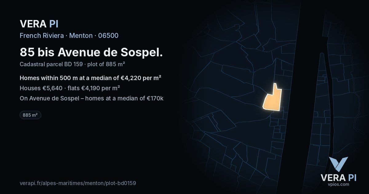 85 bis Avenue de Sospel, Menton at night – the plot lit, the parcels around coloured by the prices near them