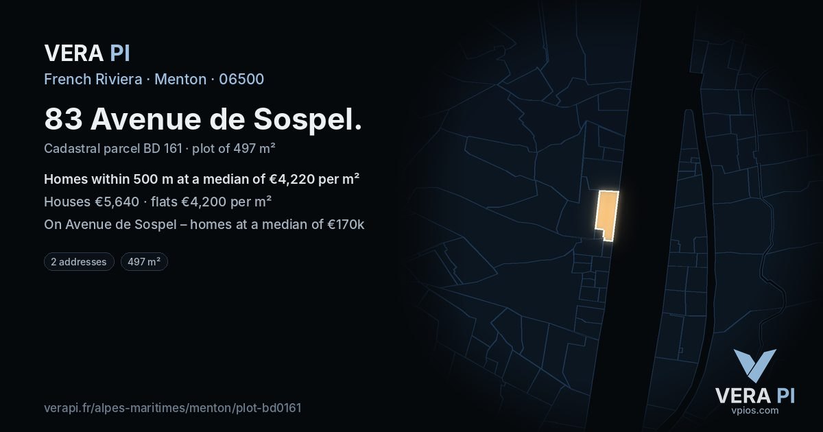 83 Avenue de Sospel, Menton at night – the plot lit, the parcels around coloured by the prices near them