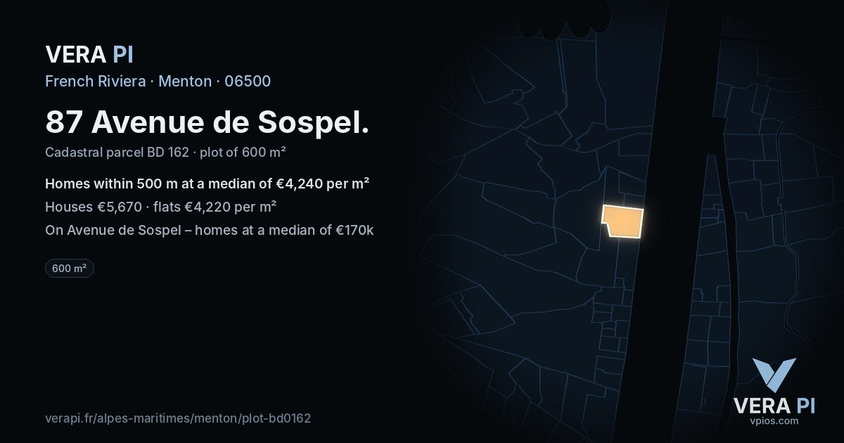 87 Avenue de Sospel, Menton at night – the plot lit, the parcels around coloured by the prices near them