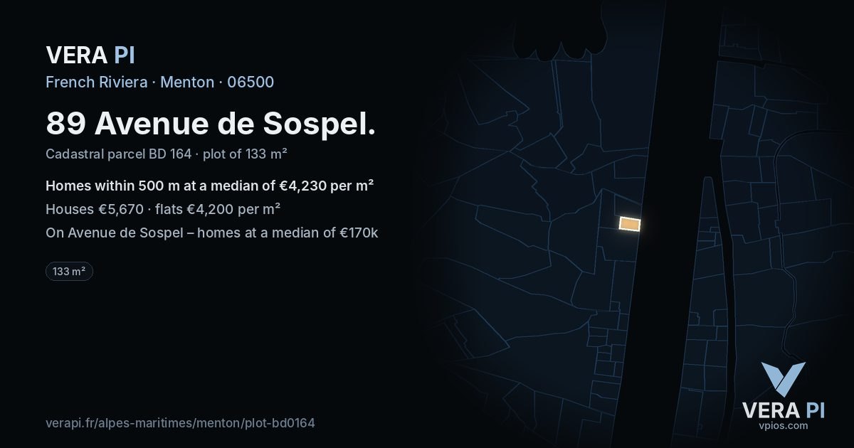 89 Avenue de Sospel, Menton at night – the plot lit, the parcels around coloured by the prices near them