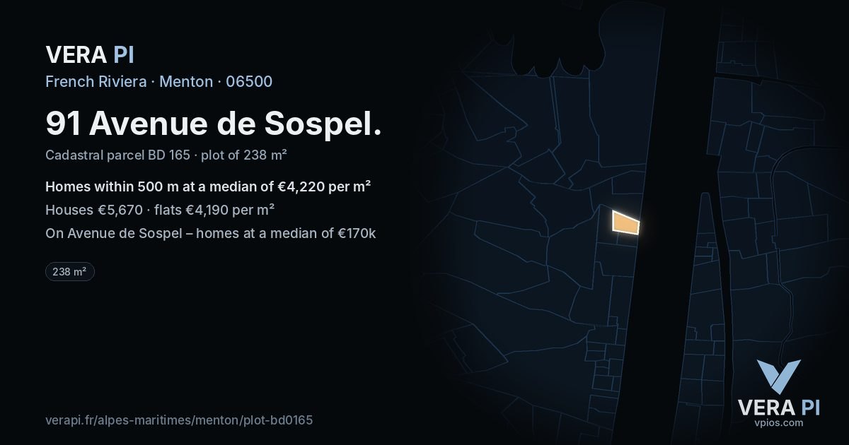 91 Avenue de Sospel, Menton at night – the plot lit, the parcels around coloured by the prices near them
