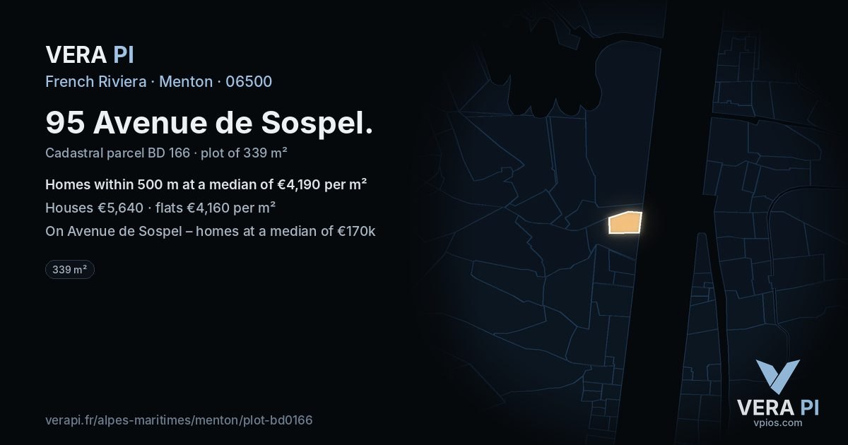 95 Avenue de Sospel, Menton at night – the plot lit, the parcels around coloured by the prices near them