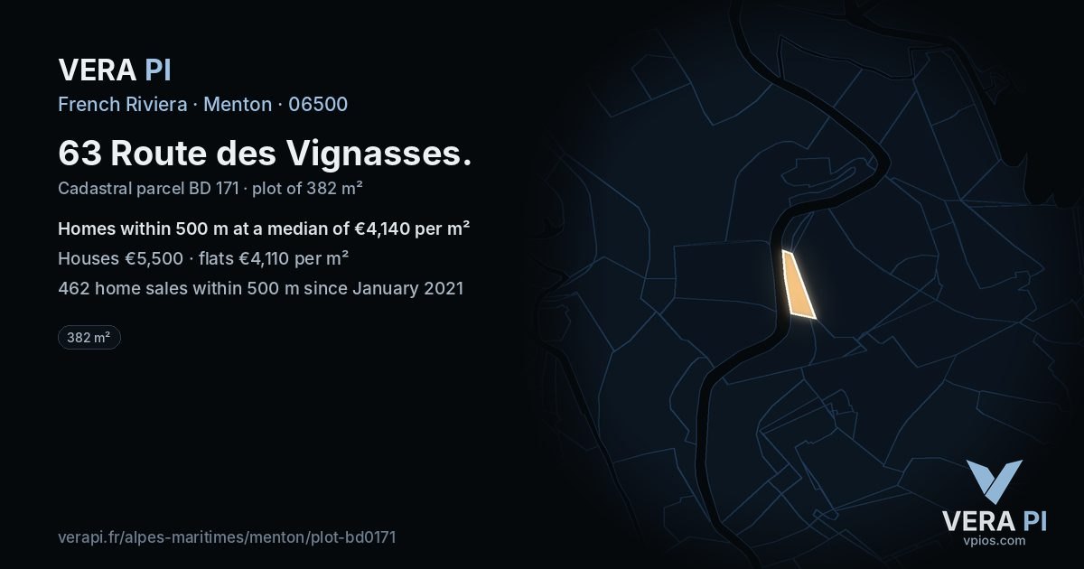 63 Route des Vignasses, Menton at night – the plot lit, the parcels around coloured by the prices near them