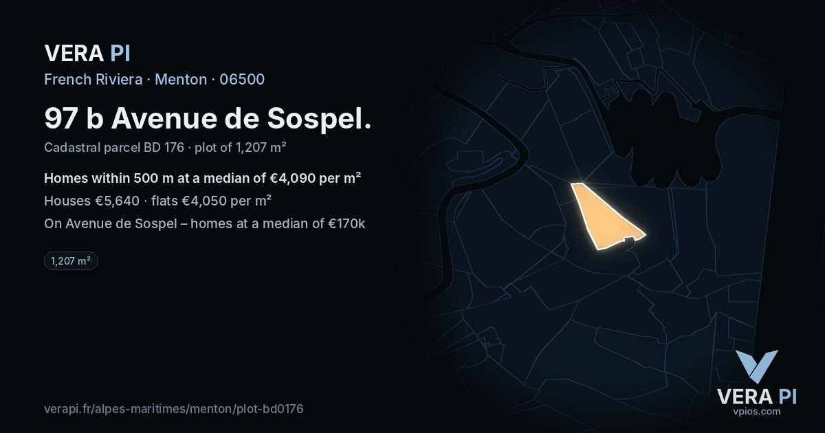 97 b Avenue de Sospel, Menton at night – the plot lit, the parcels around coloured by the prices near them