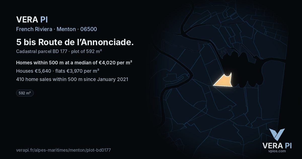 5 bis Route de l’Annonciade, Menton at night – the plot lit, the parcels around coloured by the prices near them