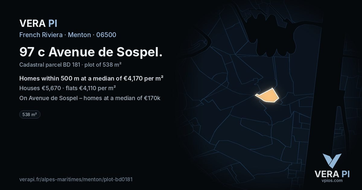 97 c Avenue de Sospel, Menton at night – the plot lit, the parcels around coloured by the prices near them