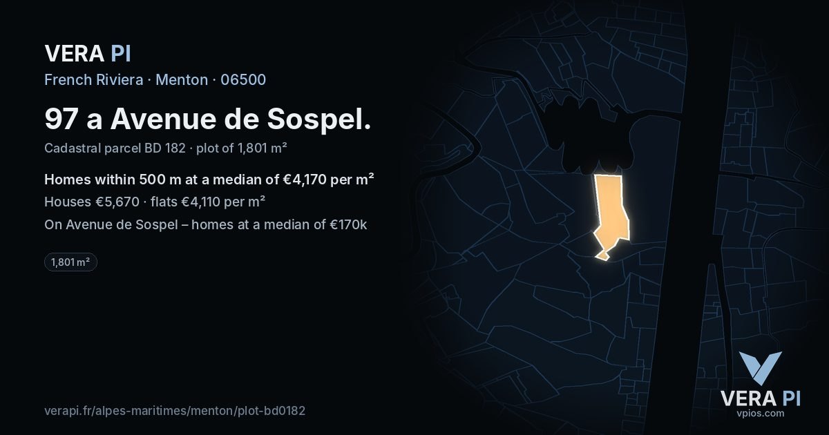 97 a Avenue de Sospel, Menton at night – the plot lit, the parcels around coloured by the prices near them