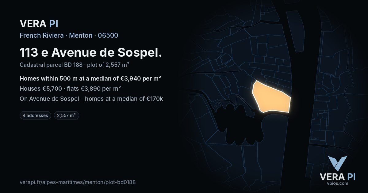 113 e Avenue de Sospel, Menton at night – the plot lit, the parcels around coloured by the prices near them