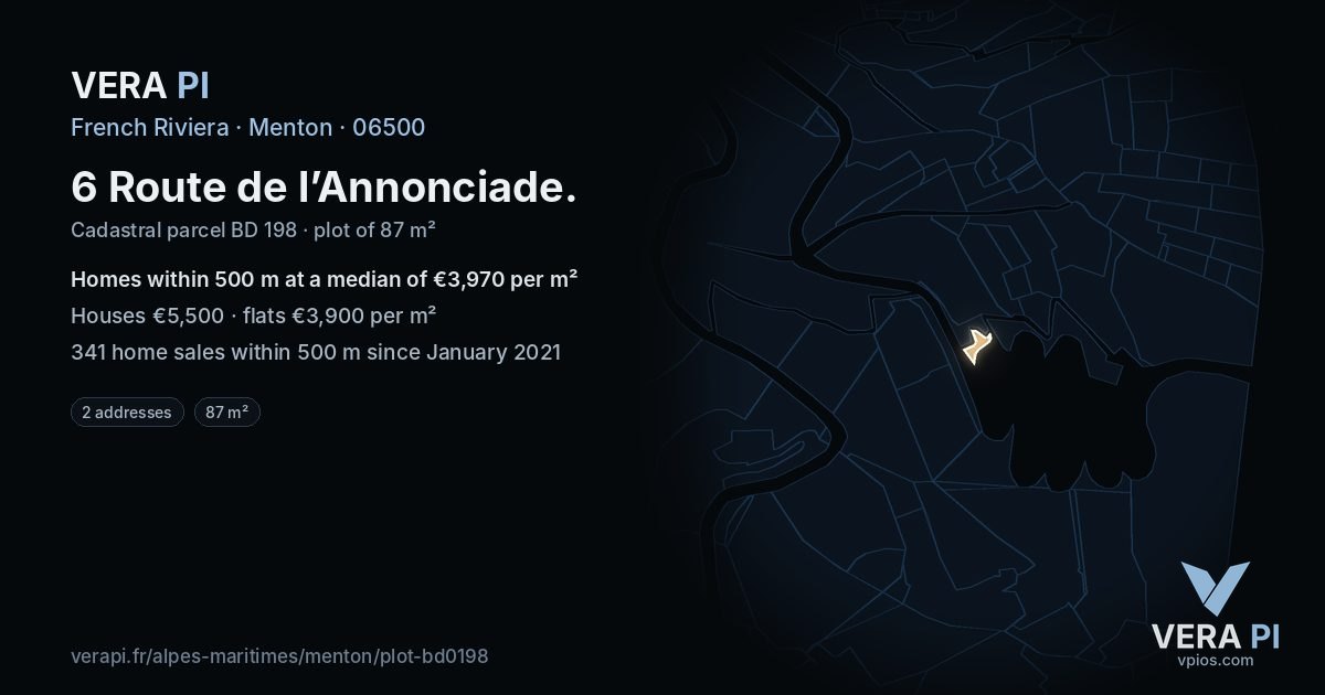 6 Route de l’Annonciade, Menton at night – the plot lit, the parcels around coloured by the prices near them