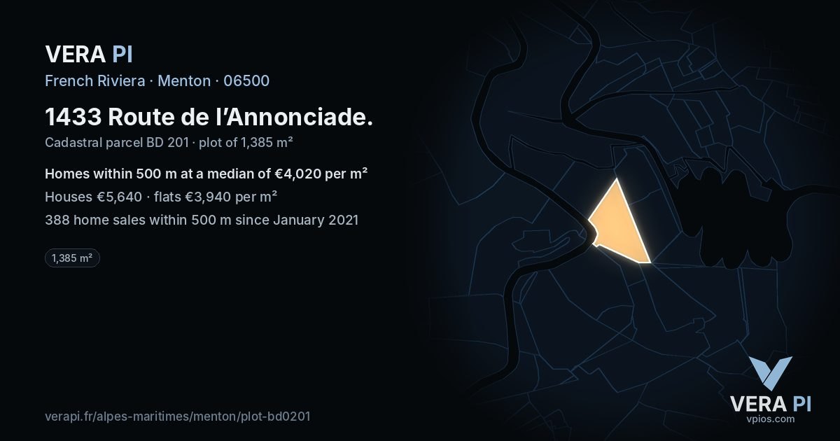 1433 Route de l’Annonciade, Menton at night – the plot lit, the parcels around coloured by the prices near them
