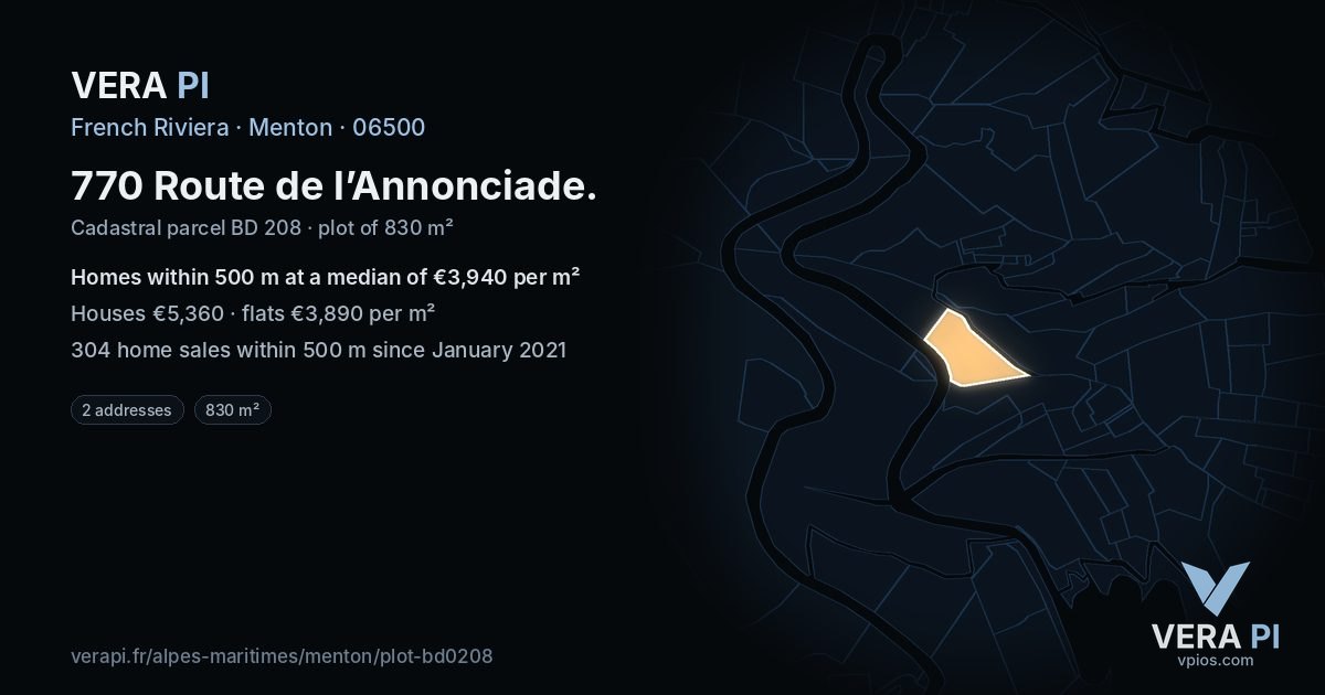 770 Route de l’Annonciade, Menton at night – the plot lit, the parcels around coloured by the prices near them